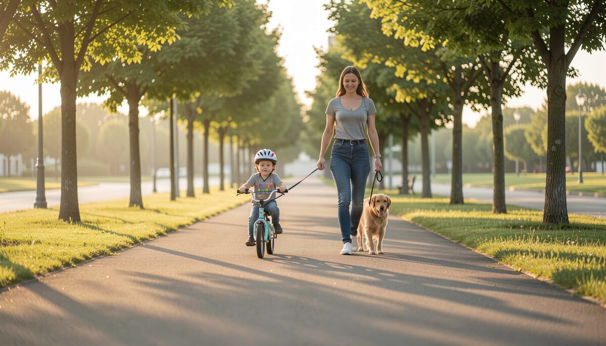 A family walking and cycling with a dog on a broad greenway