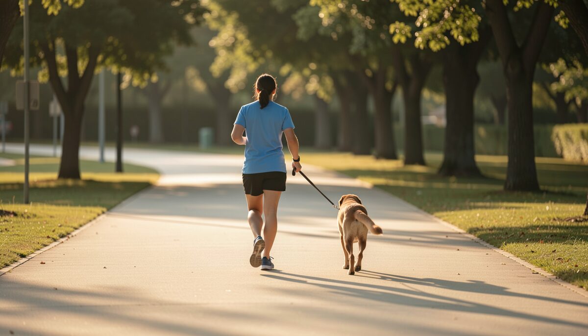 A runner sharing a tree-lined trail with a dog on a lead