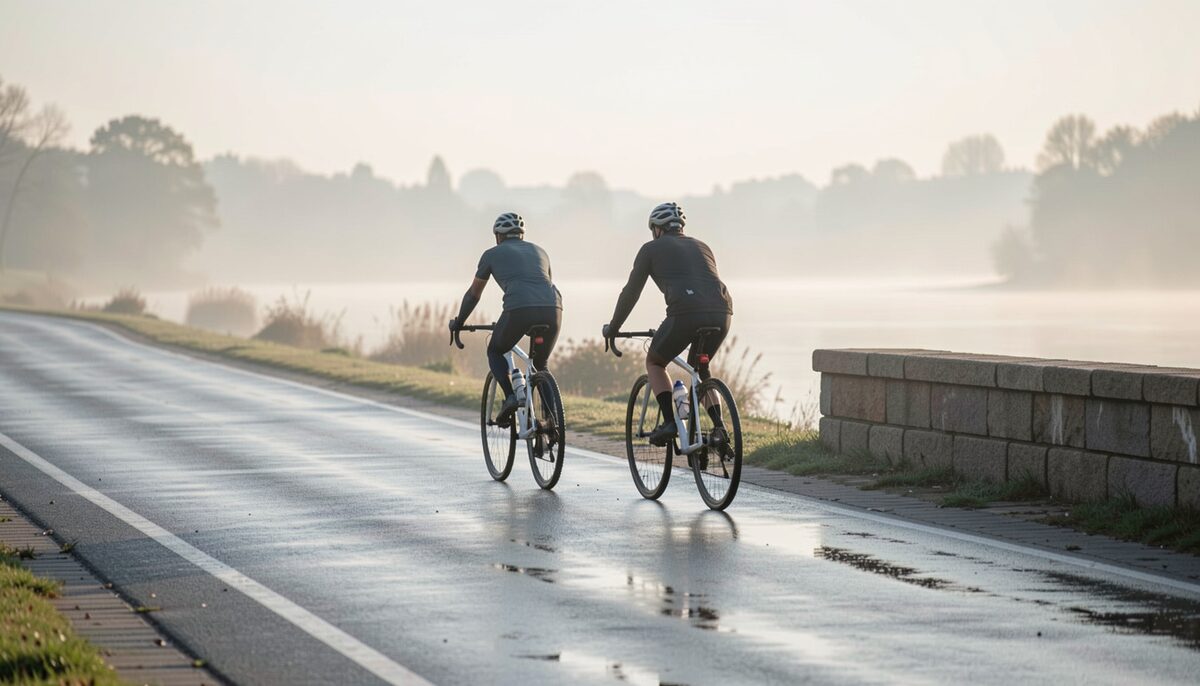 Two cyclists riding beside the water in soft morning light
